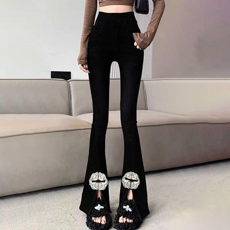 Весенне-летний стиль Брюки Барби клеш в китайском стиле для женщин с высокой талией Брюки-акула Стройнящие и универсальные брюки клеш Вышитые