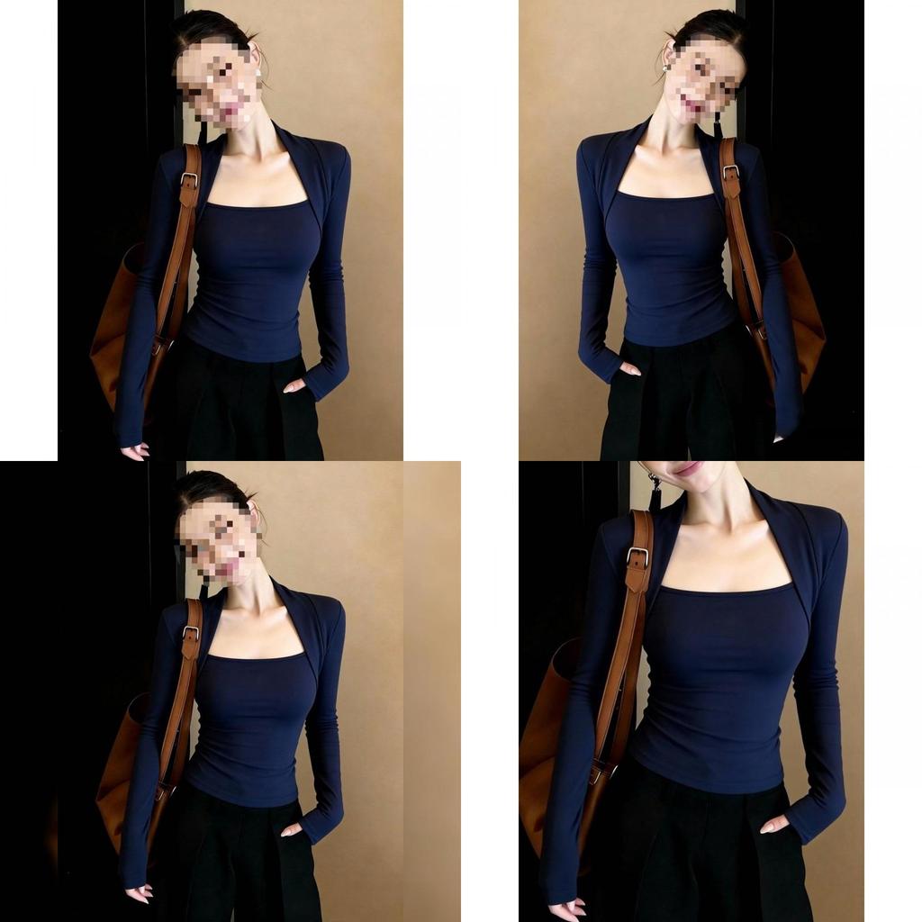 Form Fitting Long Sleeves Top With Solid Color And Square Collar For Spring