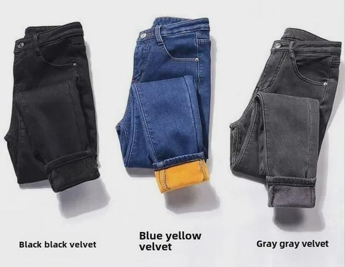 Women's High Waist Black Velvet-Lined Skinny Jeans - Korean Style, Slim Fit, Stretchy Winter Pants