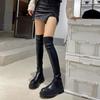 Черные сапоги выше колена женские 2024 Весна PU кожа толстая платформа женские длинные ботинки без застежек на толстой подошве мотоциклетные туфли
