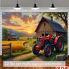 2D Plane, One Red Tractor Parked Beside a Wooden Barn In a Rural Sunset Scene