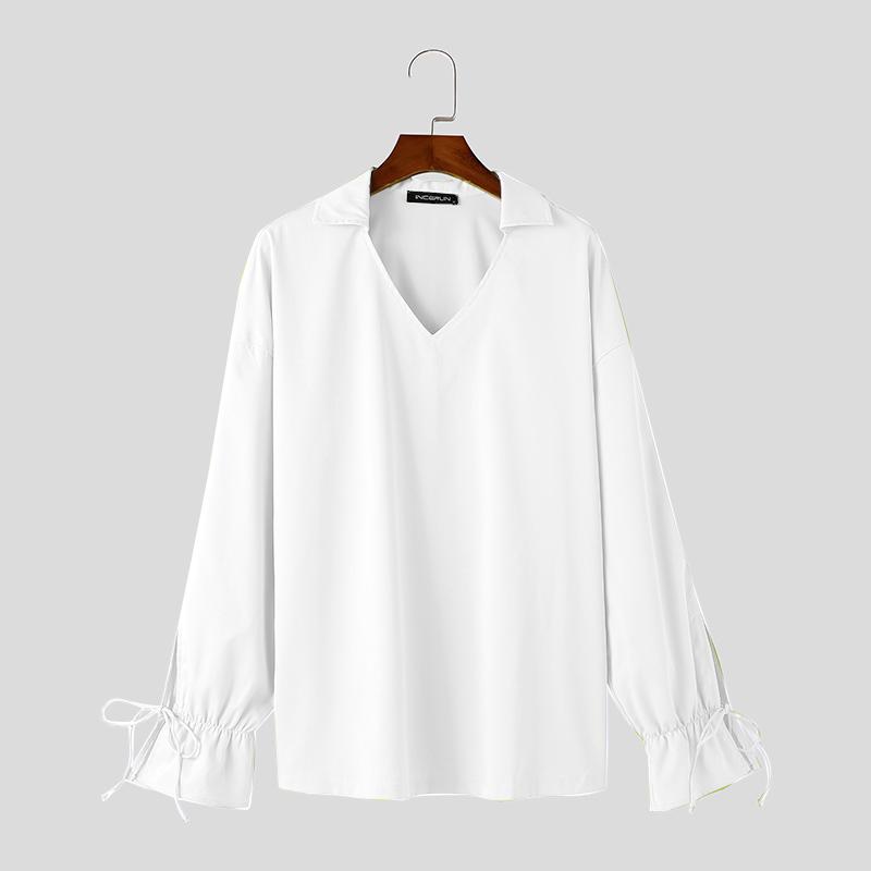 INCERUN Men V Neck Long Drawstring Sleeve Solid Color Casual Shirts Tops
