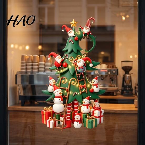 Durable Holiday Window Art Christmas Tree Stickers with Gnome And Snowman, Removable Glass Stickers, PVC Decorative for Windows Waterproof Wall Decor