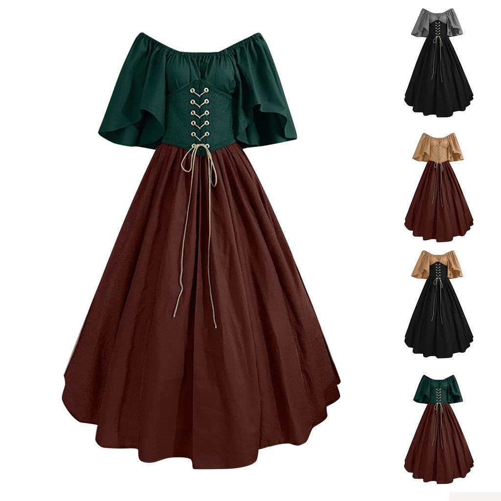 Retro Women's Spliced Flying Sleeves Tie-Waisted Large Swing Skirt One Shoulder Dress