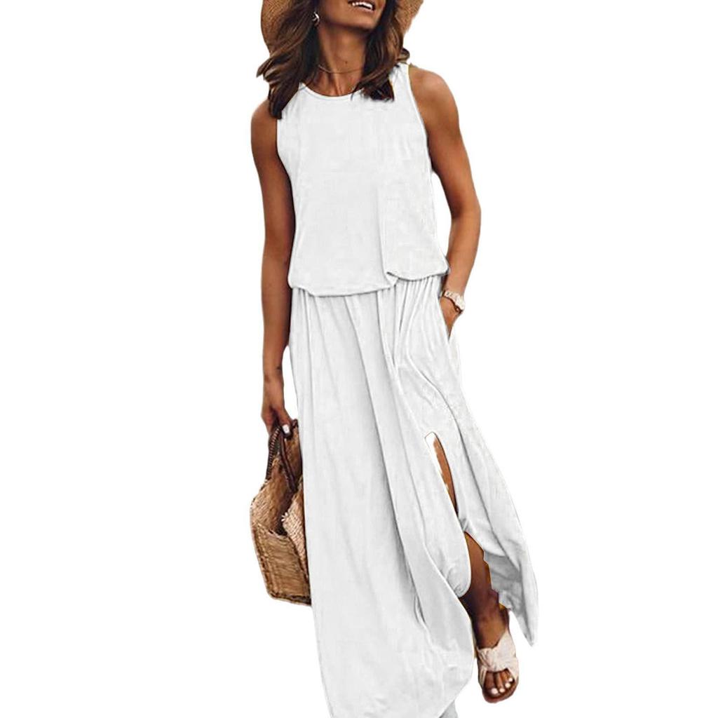 2025 европейское и американское женское длинное повседневное платье без рукавов с круглым вырезом и разрезом на весну и лето