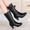 Fashion Black Bow Middle Heel Leather Women's Half High Boots Autumn Winter Fleece-Lined 2025 New Chic and Elegant Ladies Mid Calf Shoes