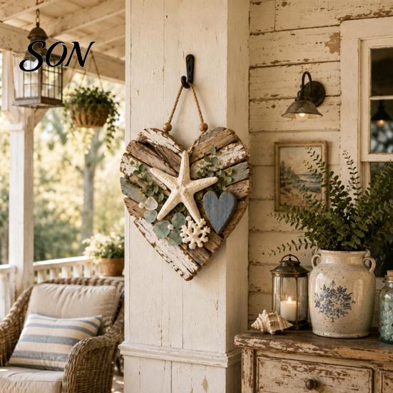 Boho Style Living Room Art Rustic Coastal Heart Shape Wall Hanging Ornament with LED Light, Distressed Farmhouse Pendant Natural Jute Rope Wood Beads