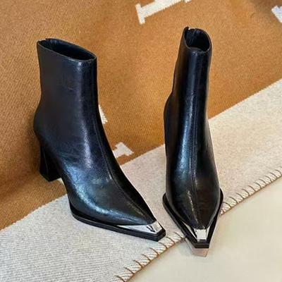 Модные ботинки женские Новая обувь 2025 Задняя молния Роскошный дизайнерский Дамские Резина Высокий каблук Модные Острые до щиколотки Рок Острый носок ПУ Мета