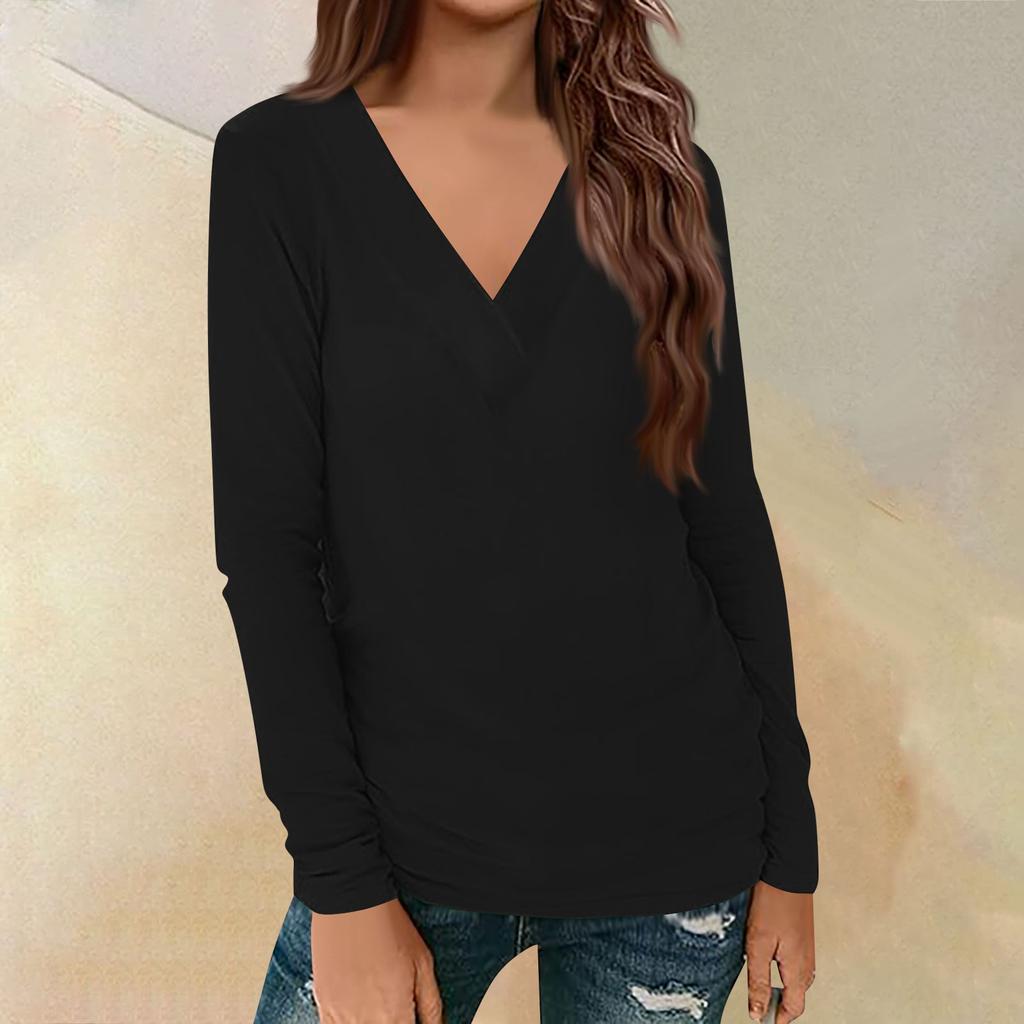 Женский повседневный однотонный принтованный длинный рукав свободный пуловер с V-образным вырезом