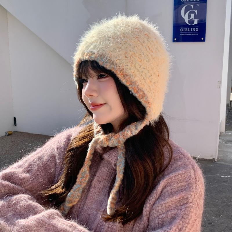 Зимняя теплая маленькая плюшевая вязаная шапка с контрастным рисунком, двойная защита для ушей, милая шерстяная шапка, шапка Lei Feng