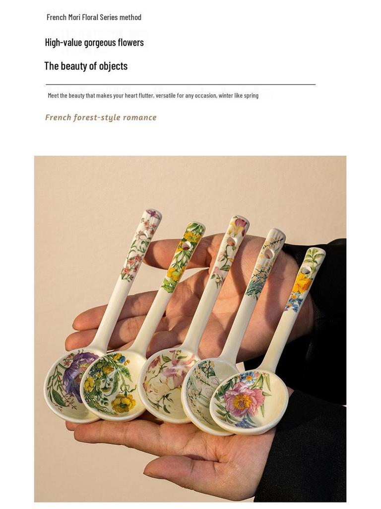 Керамическая кружка с изогнутой ручкой, ложкой и блюдцем, цветочный дизайн, идеально подходит для завтрака, овсянки, молока, кофе.