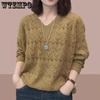 Spring and Summer V-neck Pullover Knitted Sweater for Women Hollowed Out Long Sleeved Loose Sweater for Women