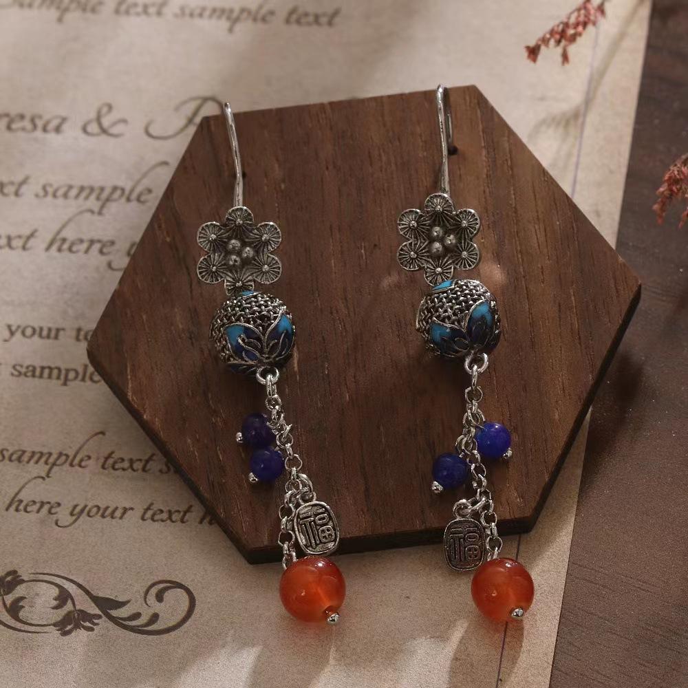 JMXD-потрясающе! Новые серьги в китайском стиле с маленькими цветочками и выемкой, выжженные синие серьги с бахромой, интерпретирующие ретро-этнический стиль