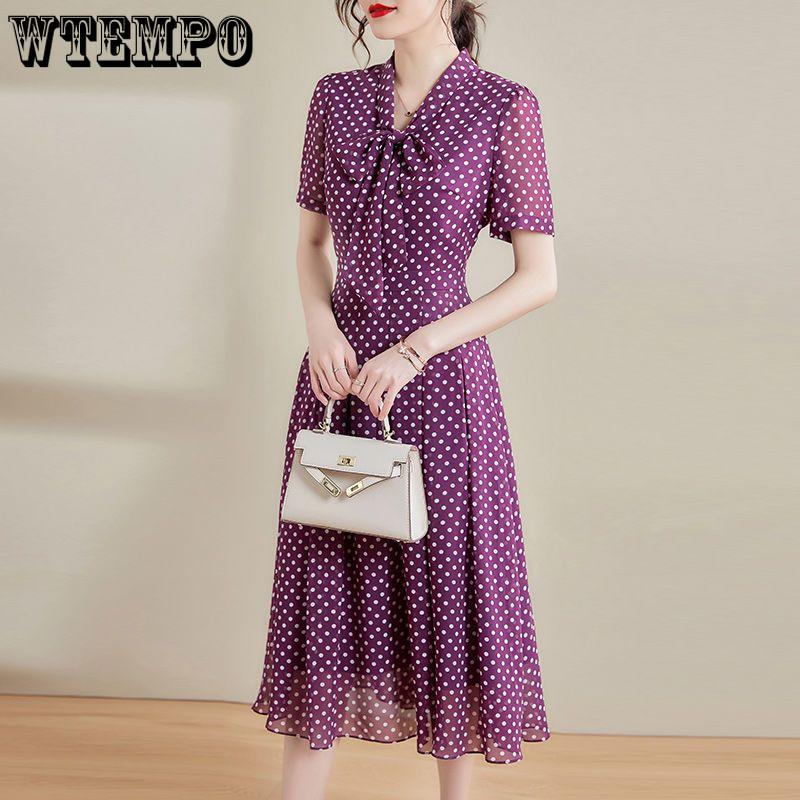 Элегантное темпераментное фиолетовое шифоновое платье в горошек, женские платья трапециевидной формы средней длины с короткими рукавами и талией