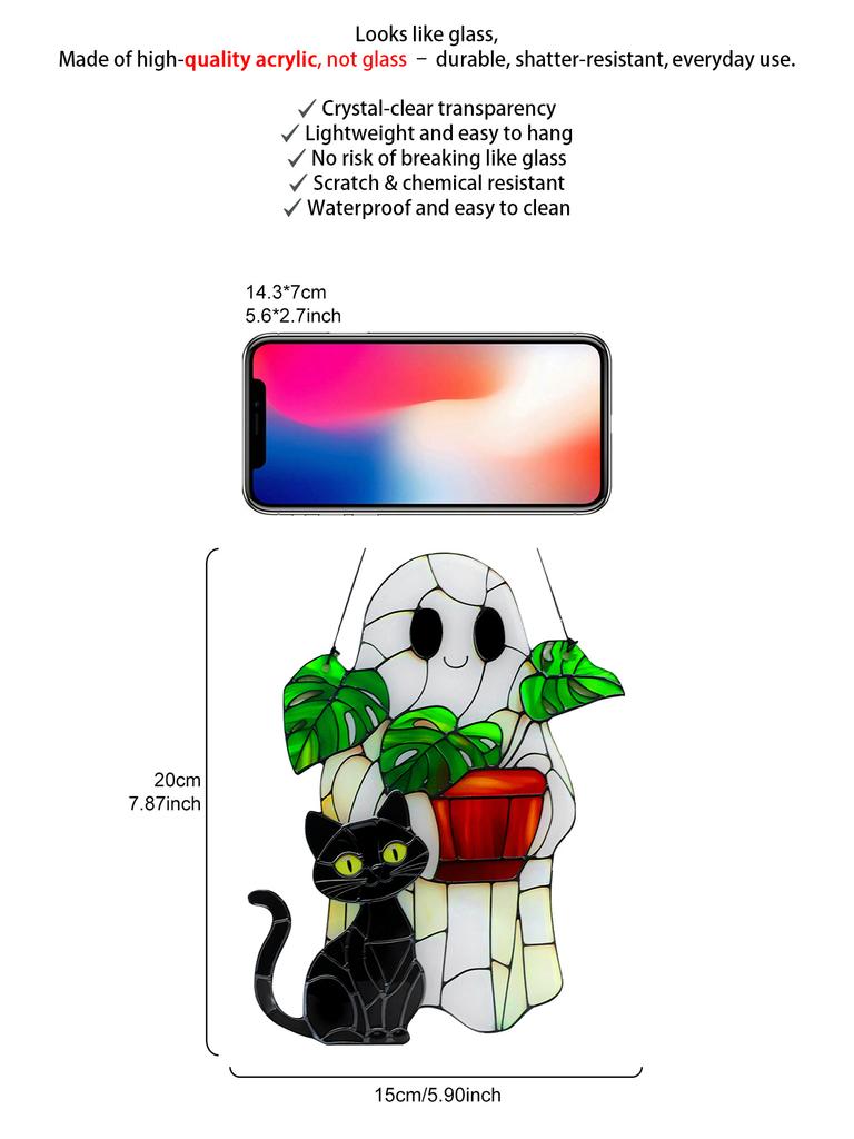 Cute Halloween Ghost Hanging Decor Acrylic Black Cat & Potted Plant Decortive Sun Catchers Window Ornament for Home & Party Gift
