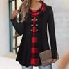Autumn T-shirts Fashion Plaid Print Fake Two-piece Pleated Scarf Wild Button Plus Size Women's Thin Long-sleeved T-shirt