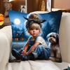 Charming Girl and Dog Pillowcase - Soft Plush Gift No Pillow Insert Night Scene Design for Kids Room Decor Unique Home Accessory