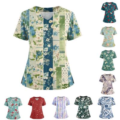 Женская рубашка с цветочным принтом, V-образным вырезом, свободного кроя, с короткими рукавами