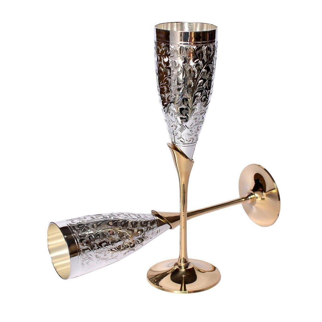 Engraved Brass Goblet Champagne Glasses Flutes Coupes Wine Glass Set (Slender)