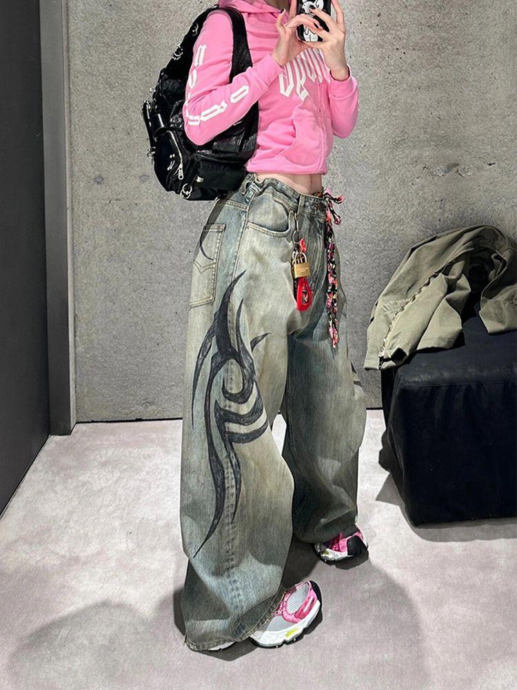 Джинсы American Gothic Print Blue Wash Y2K Осень Зима Ретро Хип-Хоп Свободные Повседневные Модные Уличные Прямые Джинсы С Высокой Талией