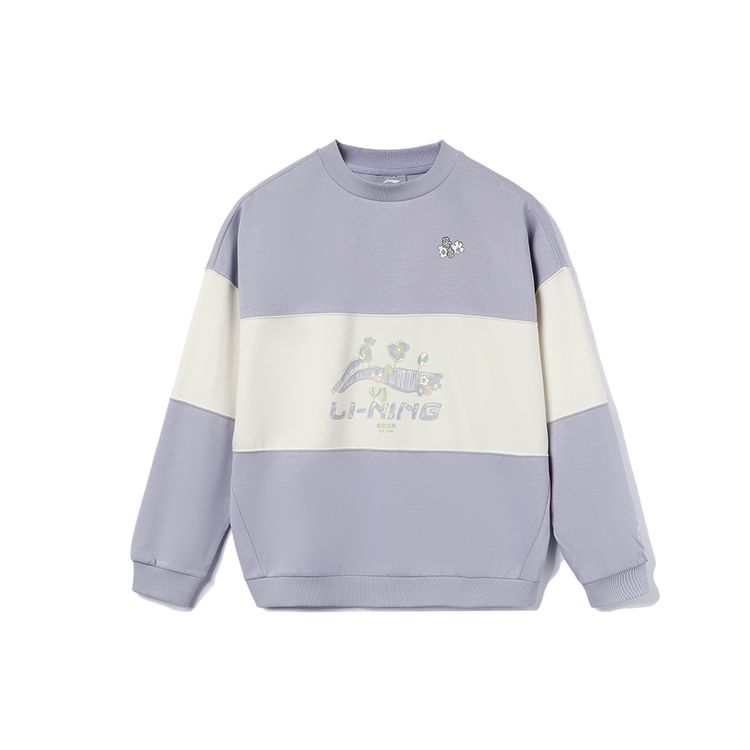 Li-Ning Sport Fashion Series Fun Logo Print Color Block Loose Pullover Sweatshirt Women Sweatshirt White Purple AWDR398-4