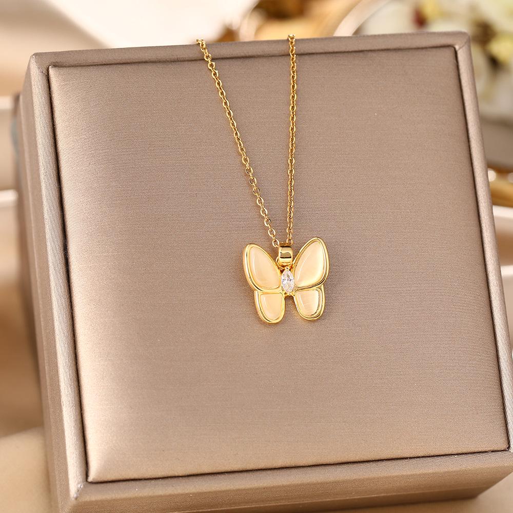 Korean Butterfly Tassel Luxury Diamond Titanium Steel Necklace - Women's Versatile Clavicle Jewelry