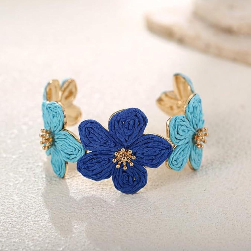 C-shaped Woven Flower Bangle Vintage Hand Ring Retro Raffia Grass Bracelet Daily
