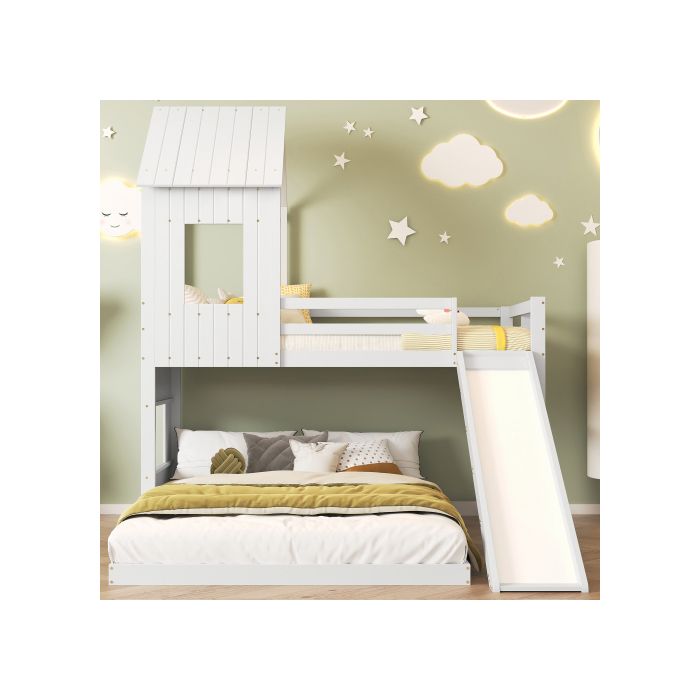 Lit superposé - MUVOE - 140x200cm et 90x200cm - avec toboggan - en pin blanc - sécurisé et amusant