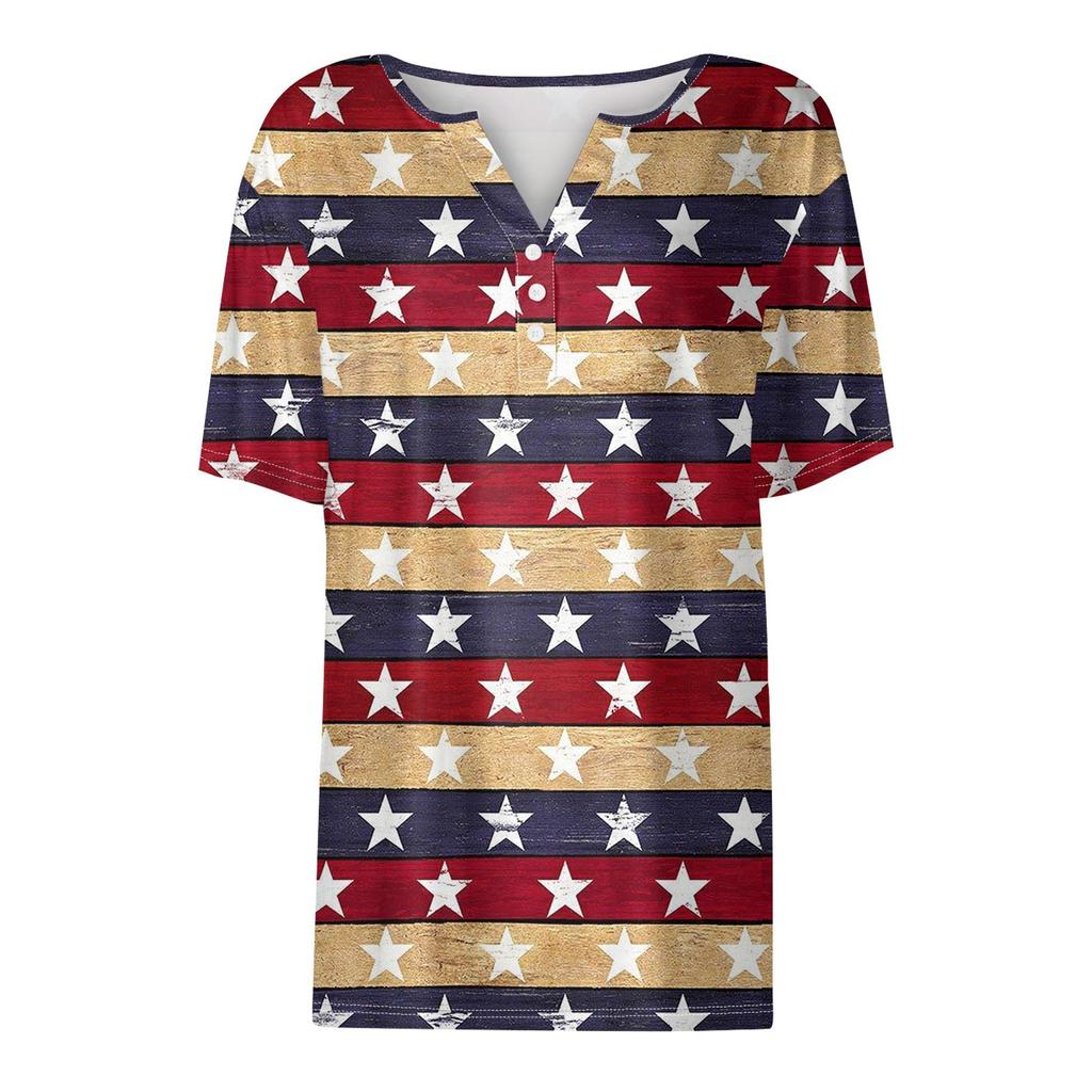 Жен. Футболка Футболка С принтом Пуговицы С короткими рукавами Повседневные Выходные Мода Классический V-образный вырез Обычный Верх