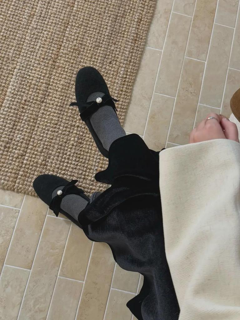 Женские бархатные туфли Мэри Джейн с круглым носком и бантом 2024 года выпуска