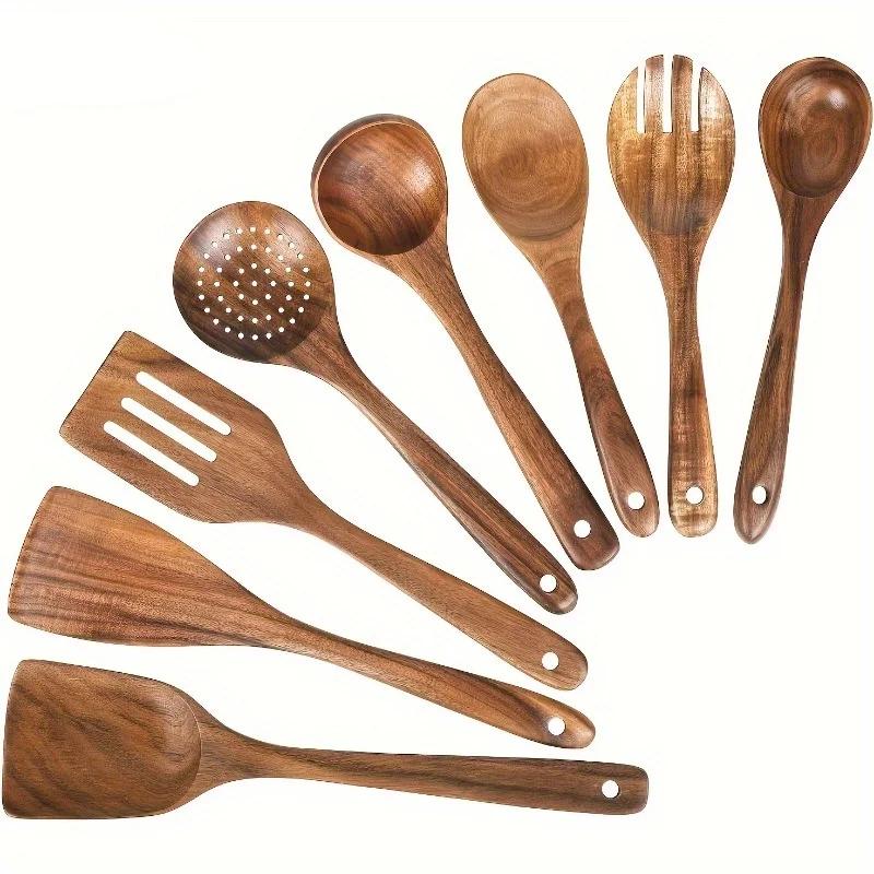 8pcs Natural Teak Wooden Spoons for Cooking Set of Kitchen Utensils for Durable Cooking Perfect for Back To School Supplies