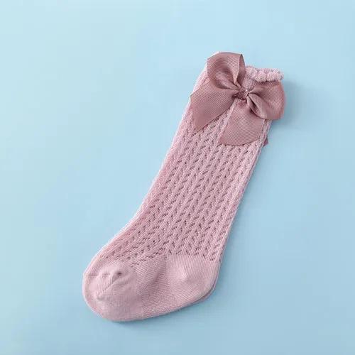 Летние носки для маленьких девочек от 0 до 24 месяцев, мягкие хлопковые эластичные однотонные сетчатые носки для новорожденных с большими бантами, длинные носки до колена для маленьких девочек
