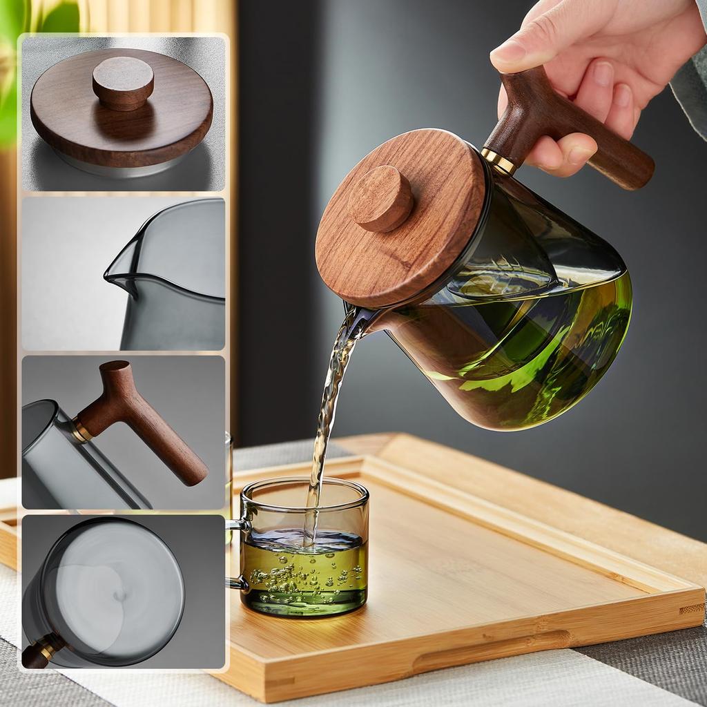 Pokaro Tea Heat-Resistant Glass Teapot, Ink Blue, 560ml Full Capacity, Glass Tea Strainer, Wooden Lid and Handle, Stylish Kyusu Kyusu, Modern Design,