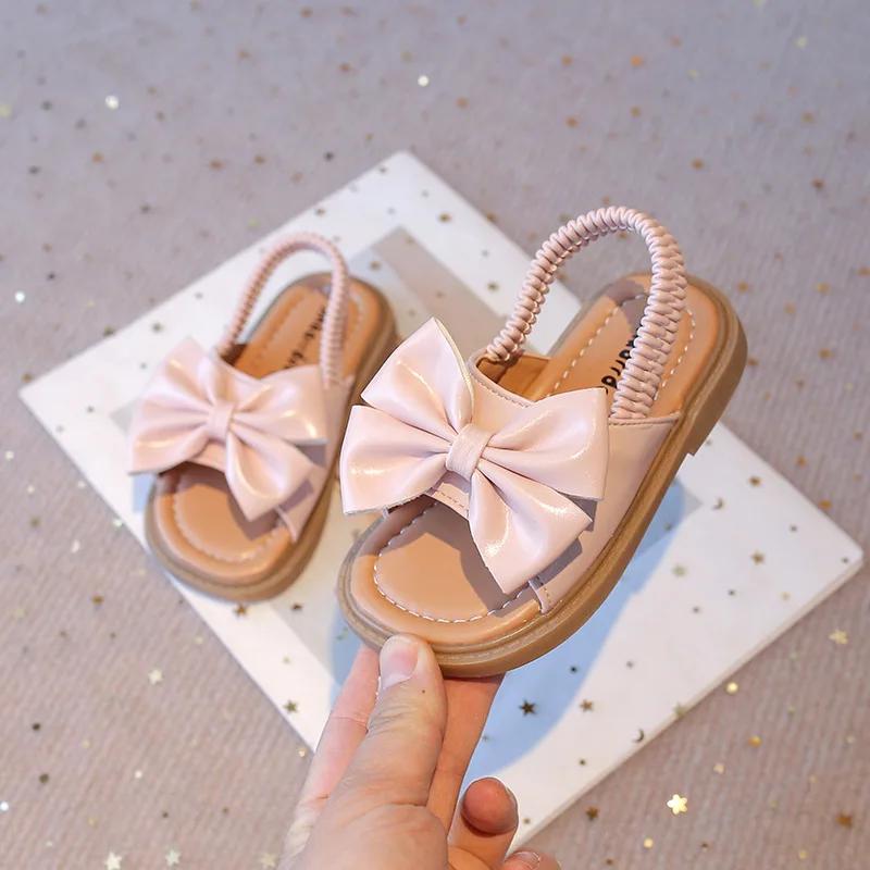 Fashion Summer Girl's Sandals Big Bowtie Pink Beige Pu Leather Holiday Kids Sliders Elastic Band Open Toe Leisure Comfy Children Shoes