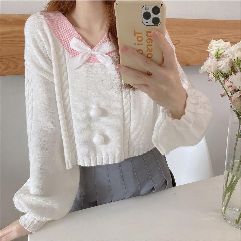 Women's Kawaii Short Knitted Sweater Sweet Candy-colored Bow V-neck Pullover Women's 2024 Spring Leisure Lantern Sleeve S