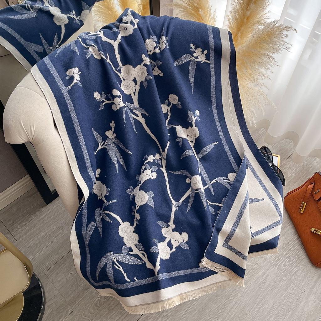 Fashionable And Elegant Scarf Women'S Winter High-End Flower Imitation Cashmere Double-Sided Thickened Long Scarf Large Shawl