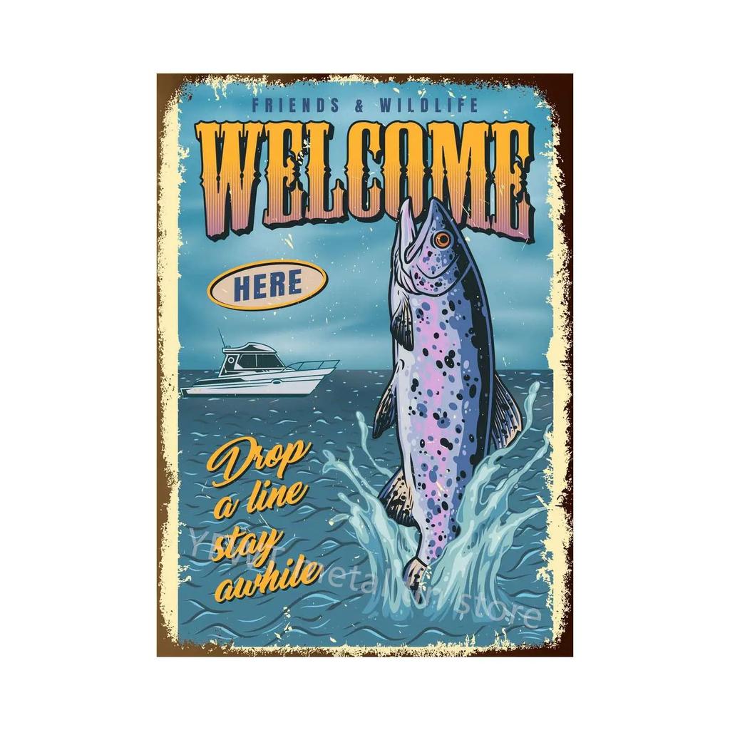 Fishing Rules Metal Tin Sign Fishing Sign Vintage Metal Plate for Wall Poster Farm Art Decoration Retro Stickers Plaques