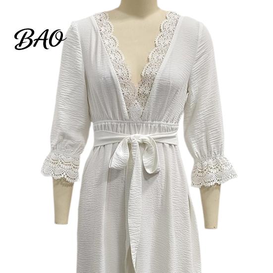 Daily Wear Lace Dress Women V-Neck for Fall, 3/4 Sleeves Maxi with Solid Color Belt, Loose Casual Long Vacation Three Quarter Sleeve