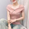 Summer European Clothes Women's Square Neck Lace T-Shirt Chic Slim Design Tees New Female Elegant Short Sleeve Tops