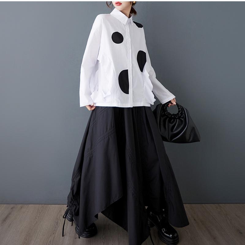 Рубашки и блузки оверсайз с длинным рукавом в винтажный горошек для блузки Повседневные свободные весенне-осенние топы женская рубашка на пуговицах