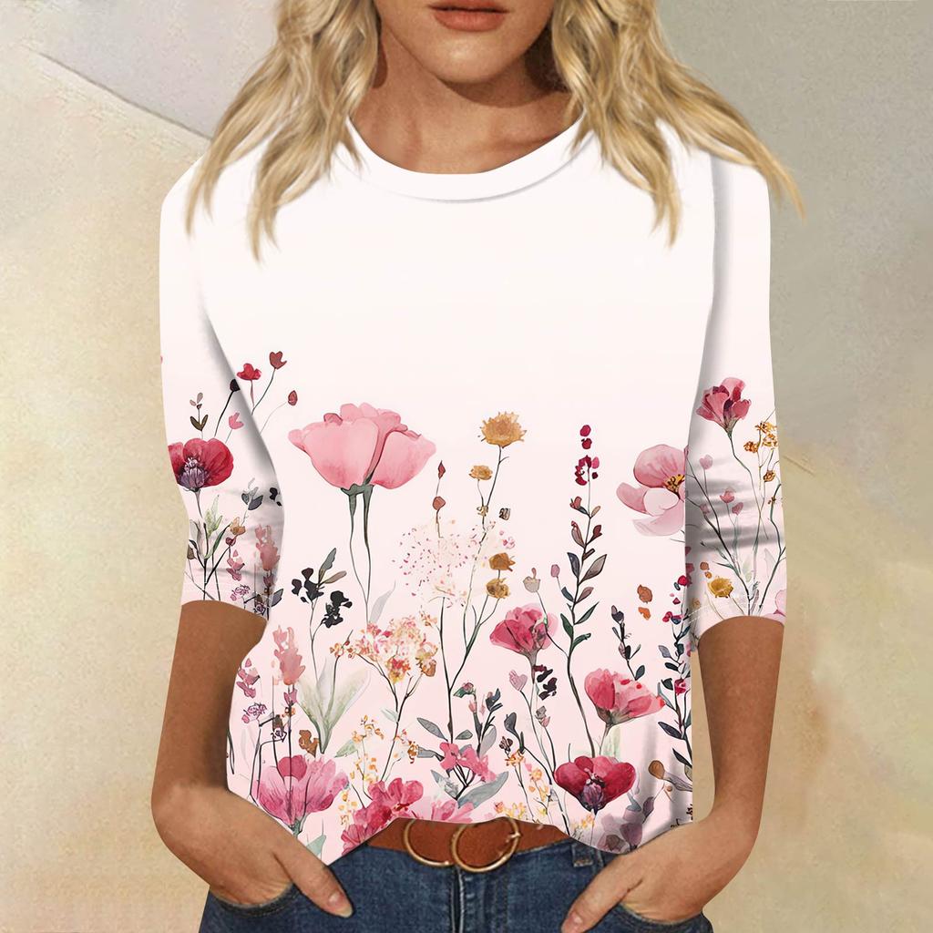 Женская модная повседневная футболка с рукавом семь восьмых, принтом и круглым вырезом