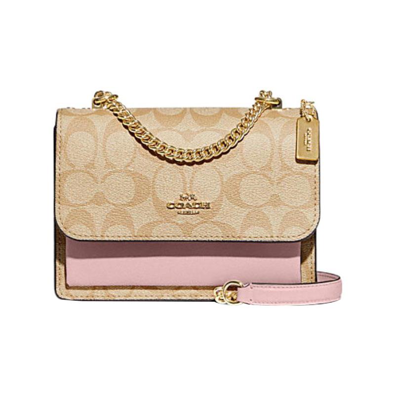 COACH Klare 18 Classic Presbyopia Buckle Closure Coated Canvas and Leather Shoulder Crossbody Bag Small Women's Khaki and Pink