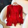 Осень Зима Новый Свитер Топ с V-образным вырезом и расклешенными рукавами, Темпераментный, Французская вязаная модель с оборками для женщин