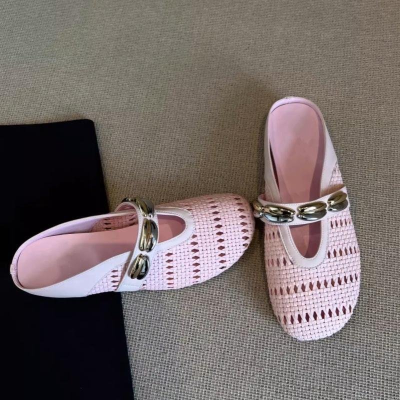 Flat-bottomed bag head slippers women's word belt summer new light luxury retro woven hollow half slippers outside sandals women