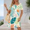 Women Plus Size Round Neck Short Sleeve Fruit Leaf Printed A Line Casual Dress