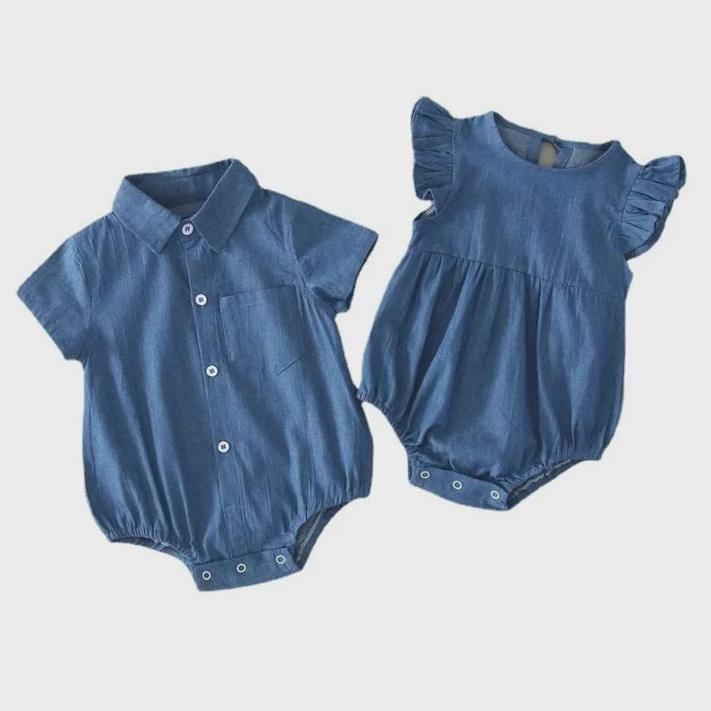 Unisex Newborn Denim Romper with Shirt Collar and Flutter Sleeves - Cotton, Short-Sleeved Baby Crawling Outfit