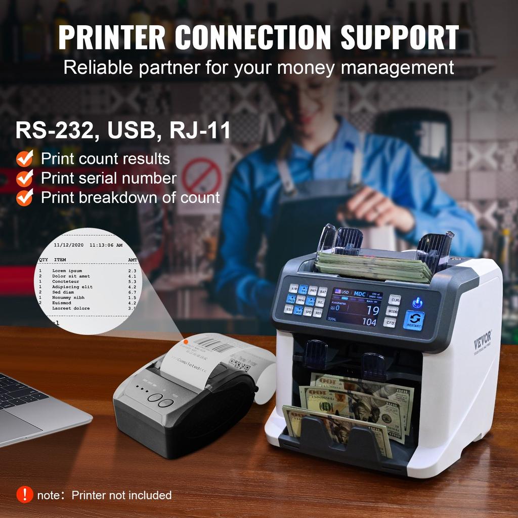 VEVOR Money Counter Machine, Bill Counter with Mixed Denomination, 2CIS, SN, UV, IR, MG, DD Counterfeit Detection, Multi Currency