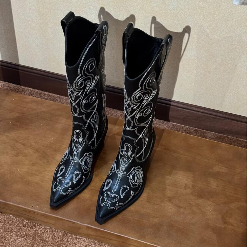 Pointed embroidered western cowboy boots women's spring and autumn new V-mouth but knee boots thick heel fashion knight boots