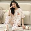 Spring and autumn summer pure cotton pajamas women's short-sleeved trousers round neck pullover cartoon bear imitation cotton women's loungewear suit