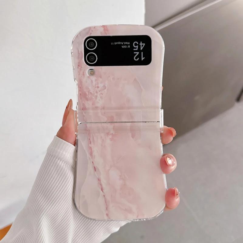 Korean Marble Texture Painted Case For Samsung Galaxy Z Flip 6 5 4 3 5G Flip4 Flip5 3-piece Set Flip6 Cute Anti-Scratch Cover